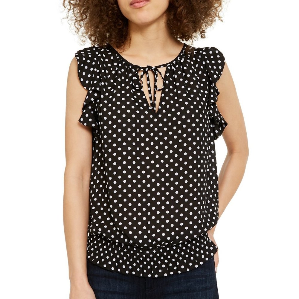 INC Women' Printed Polka-Dots Smocked-Waist Ruffle-Sleeve Top Blouse Size S